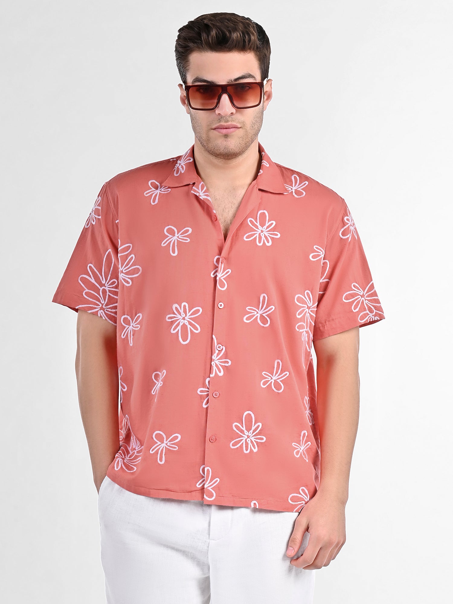 Box-Fit Floral Bloom Linen Shirt in Coral
