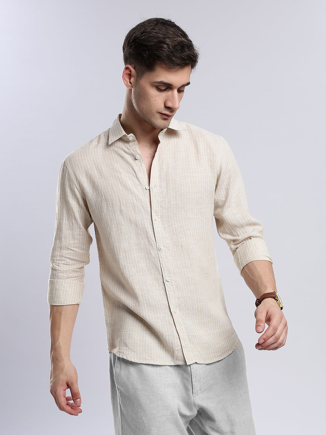 100% Linen French Almond Pinstripe Shirt