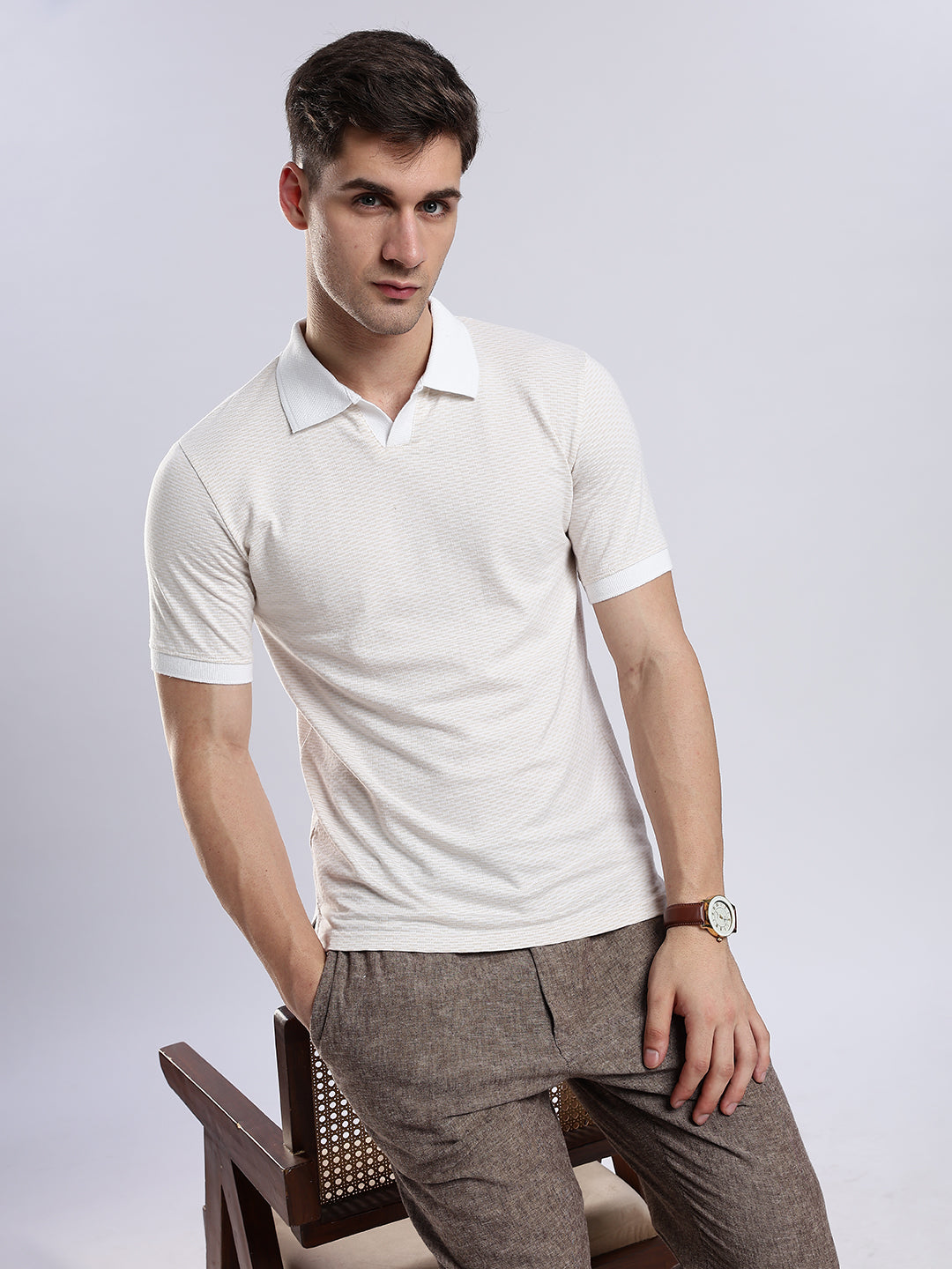 Mercerised Jacquard Polo in Biscotti Beige