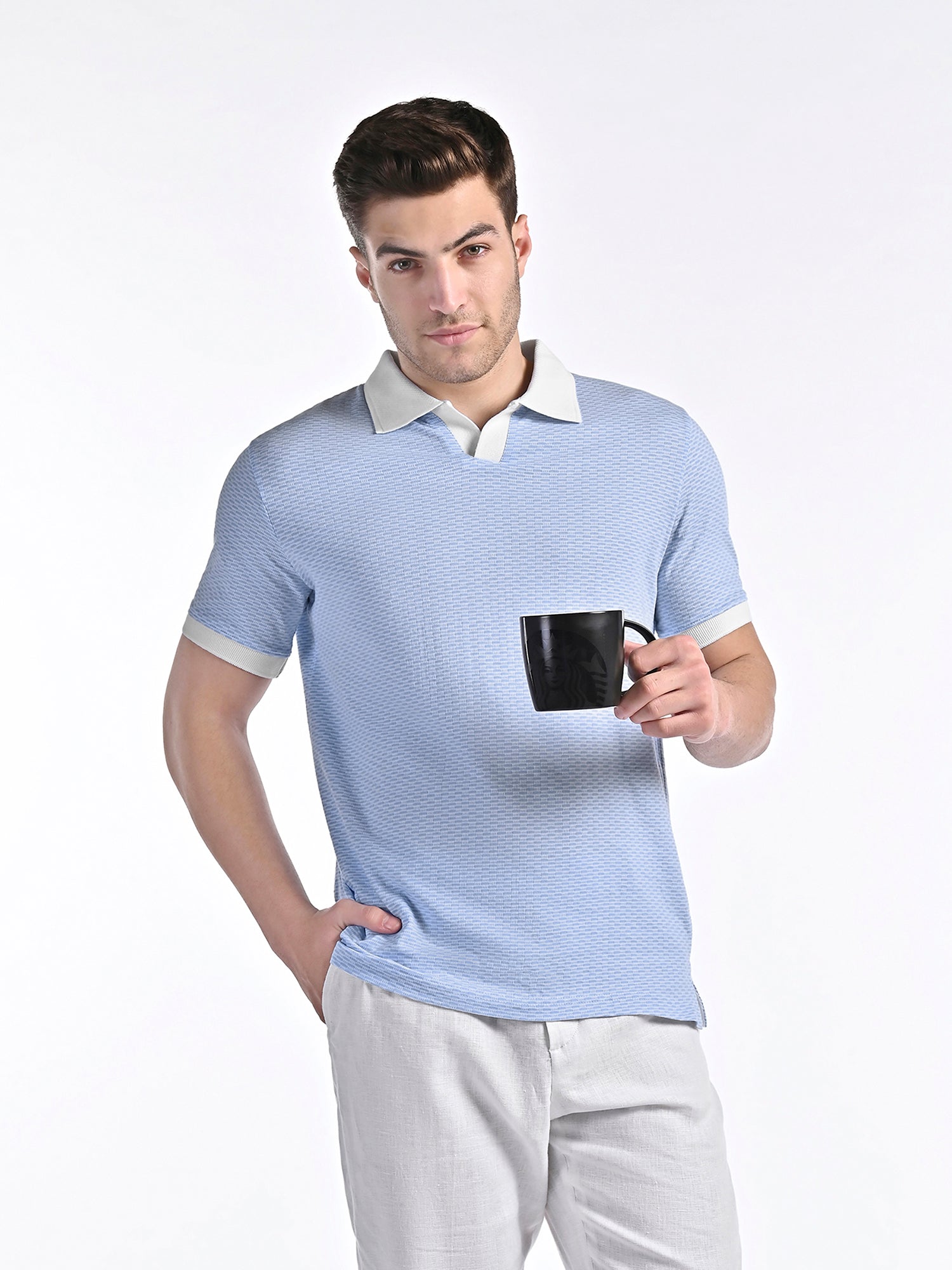 Mercerised Jacquard Polo in Mykonos Blue