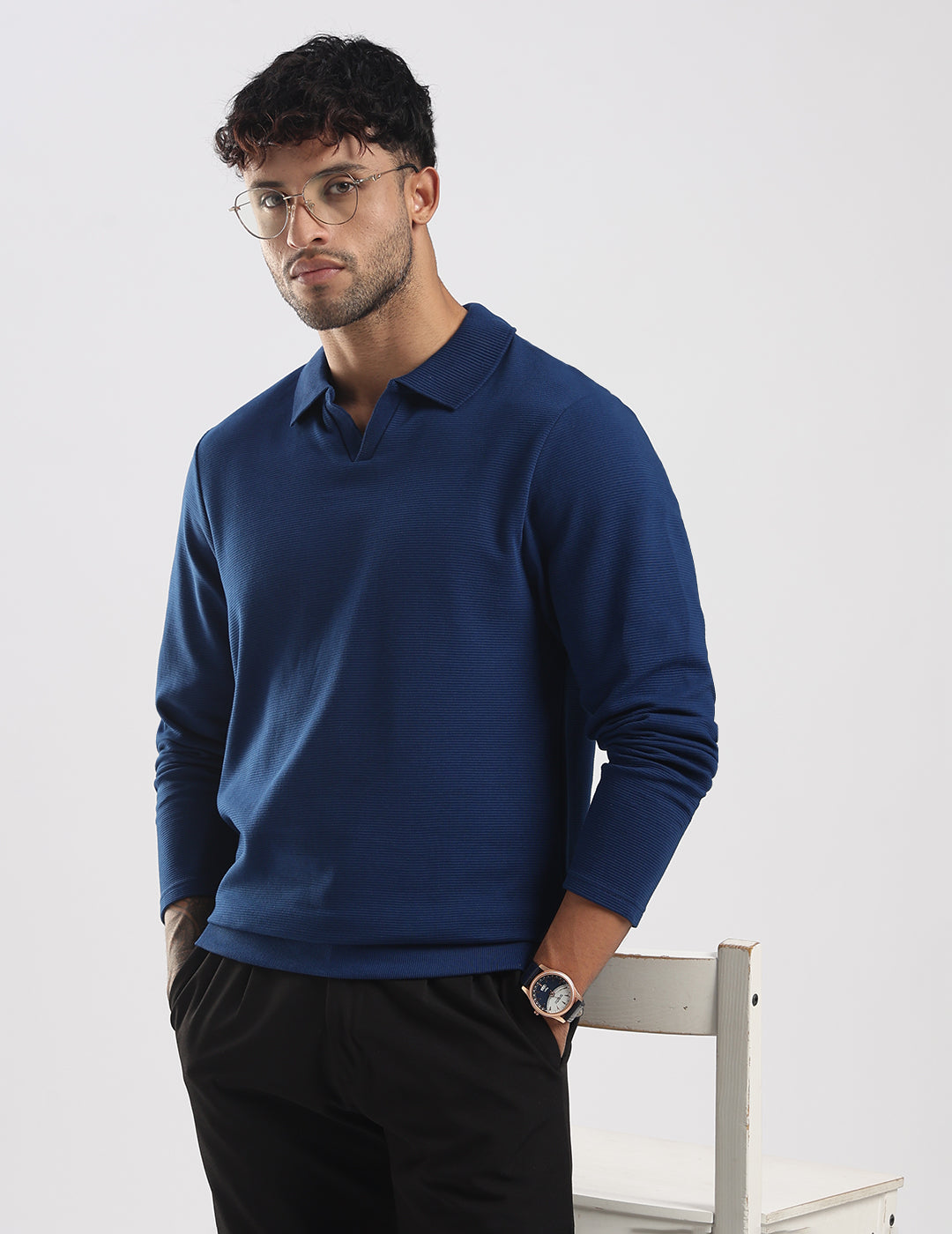 Ottoman Rib Knit Polo in Deep Blue