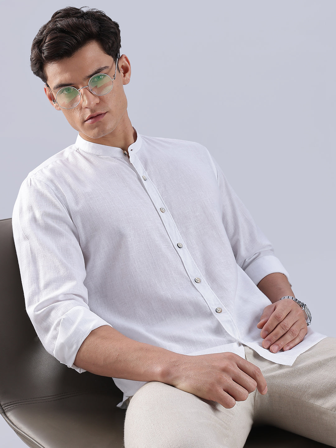 Kyoto Linen Mandarin Shirt in Yuki White
