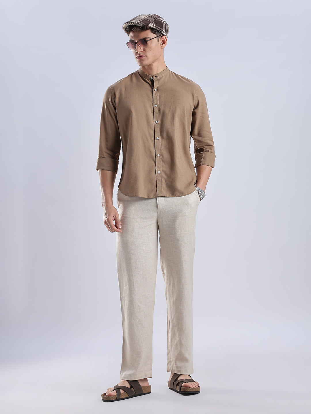 Kyoto Linen Mandarin Shirt in Mocha Dust