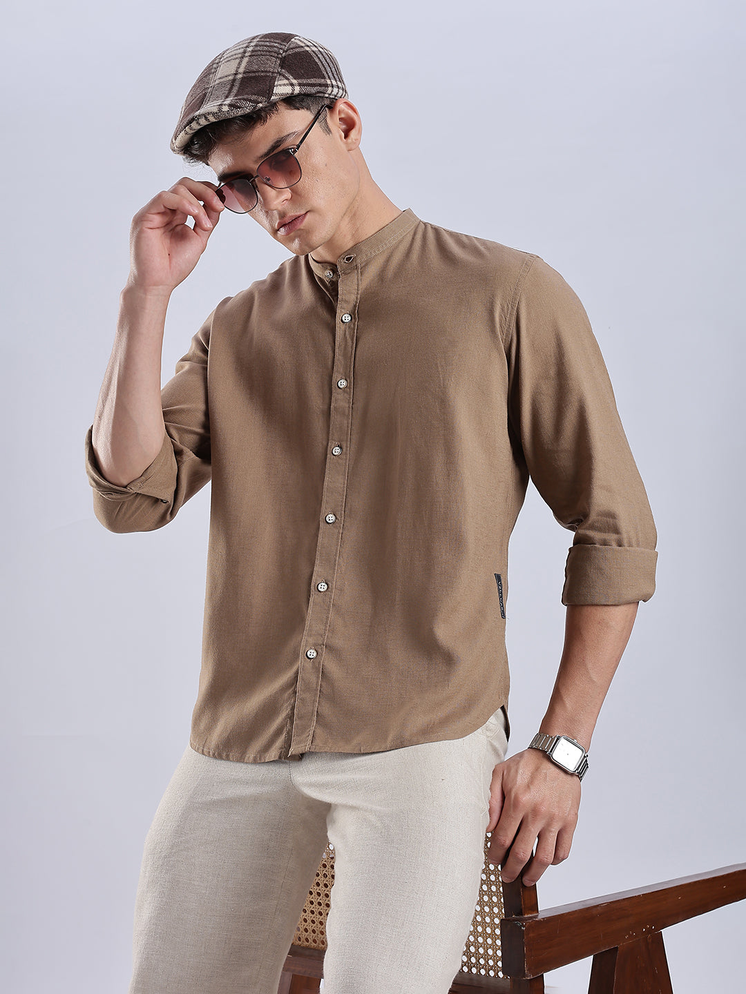 Kyoto Linen Mandarin Shirt in Mocha Dust