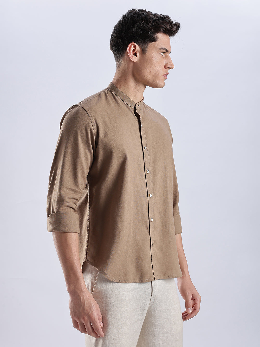 Kyoto Linen Mandarin Shirt in Mocha Dust