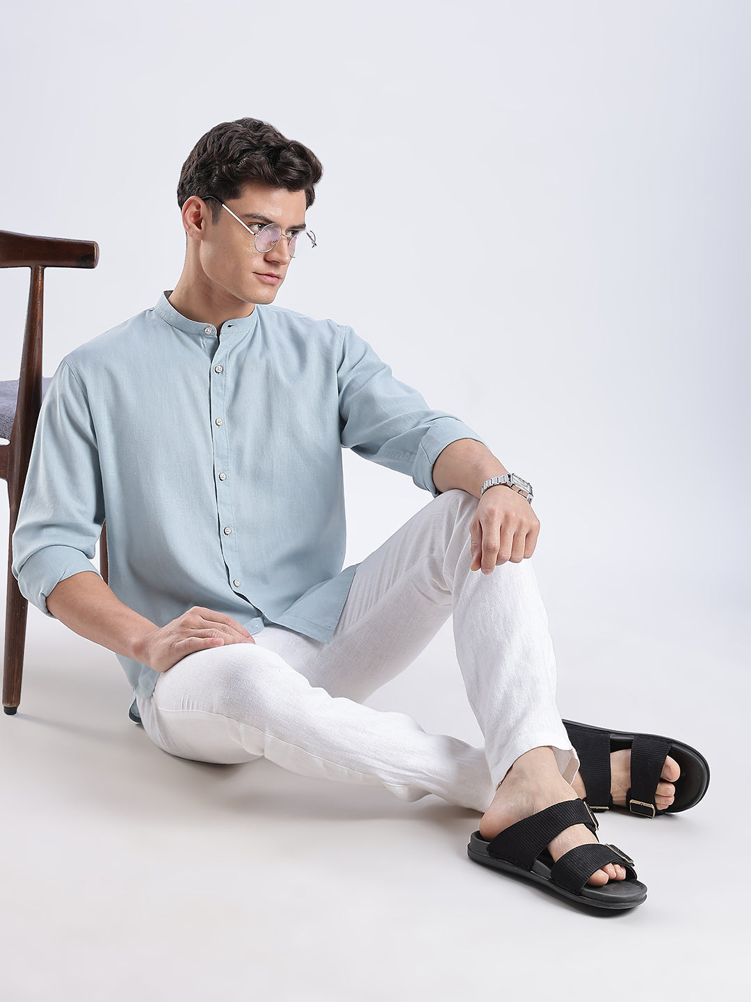 Kyoto Linen Mandarin Shirt in Shibuya Blue