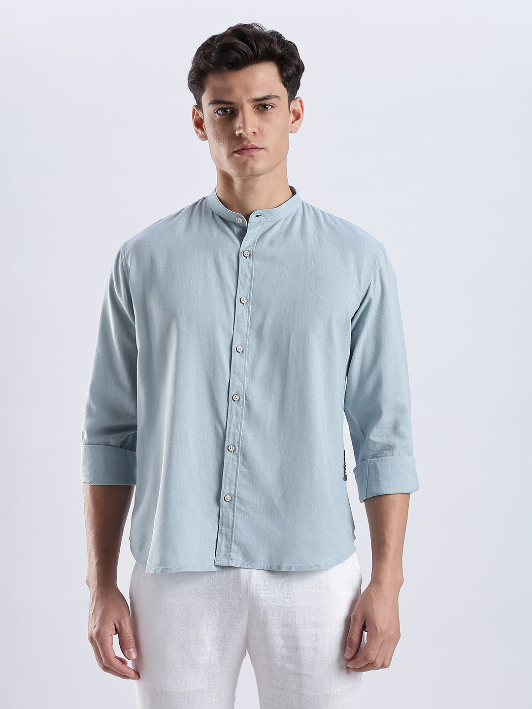Kyoto Linen Mandarin Shirt in Shibuya Blue