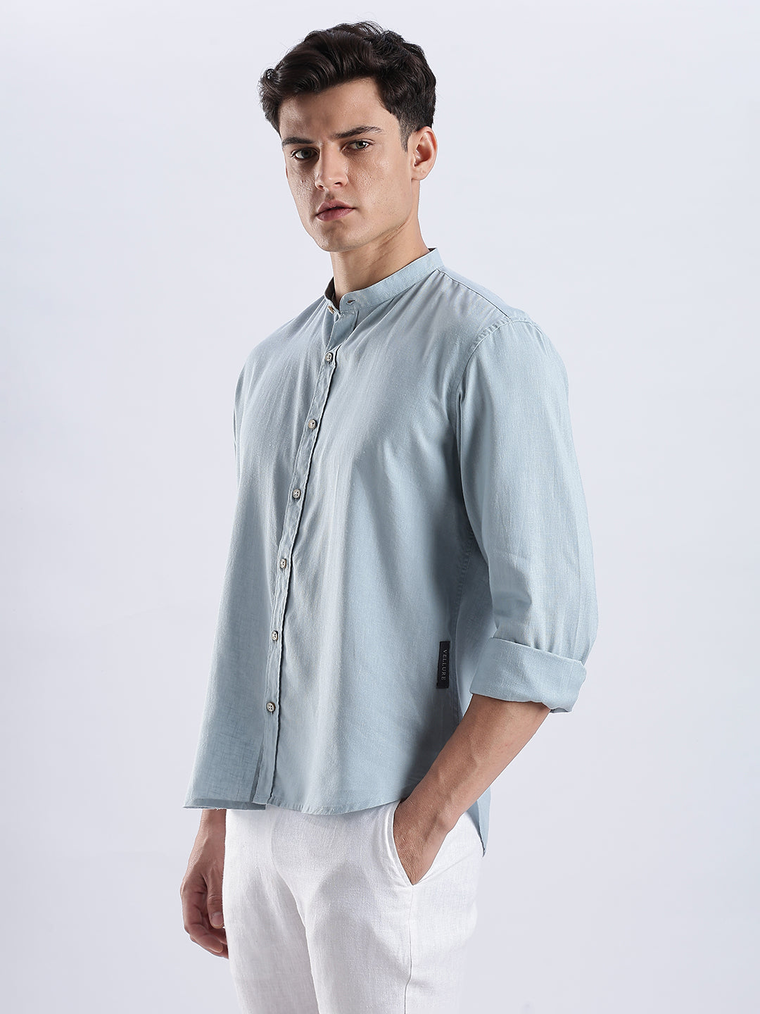 Kyoto Linen Mandarin Shirt in Shibuya Blue