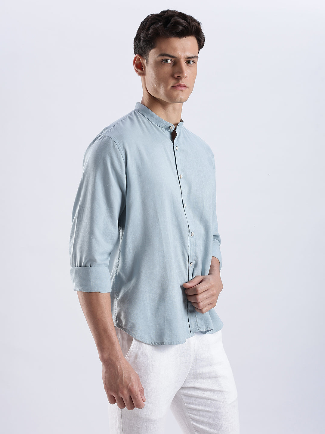 Kyoto Linen Mandarin Shirt in Shibuya Blue