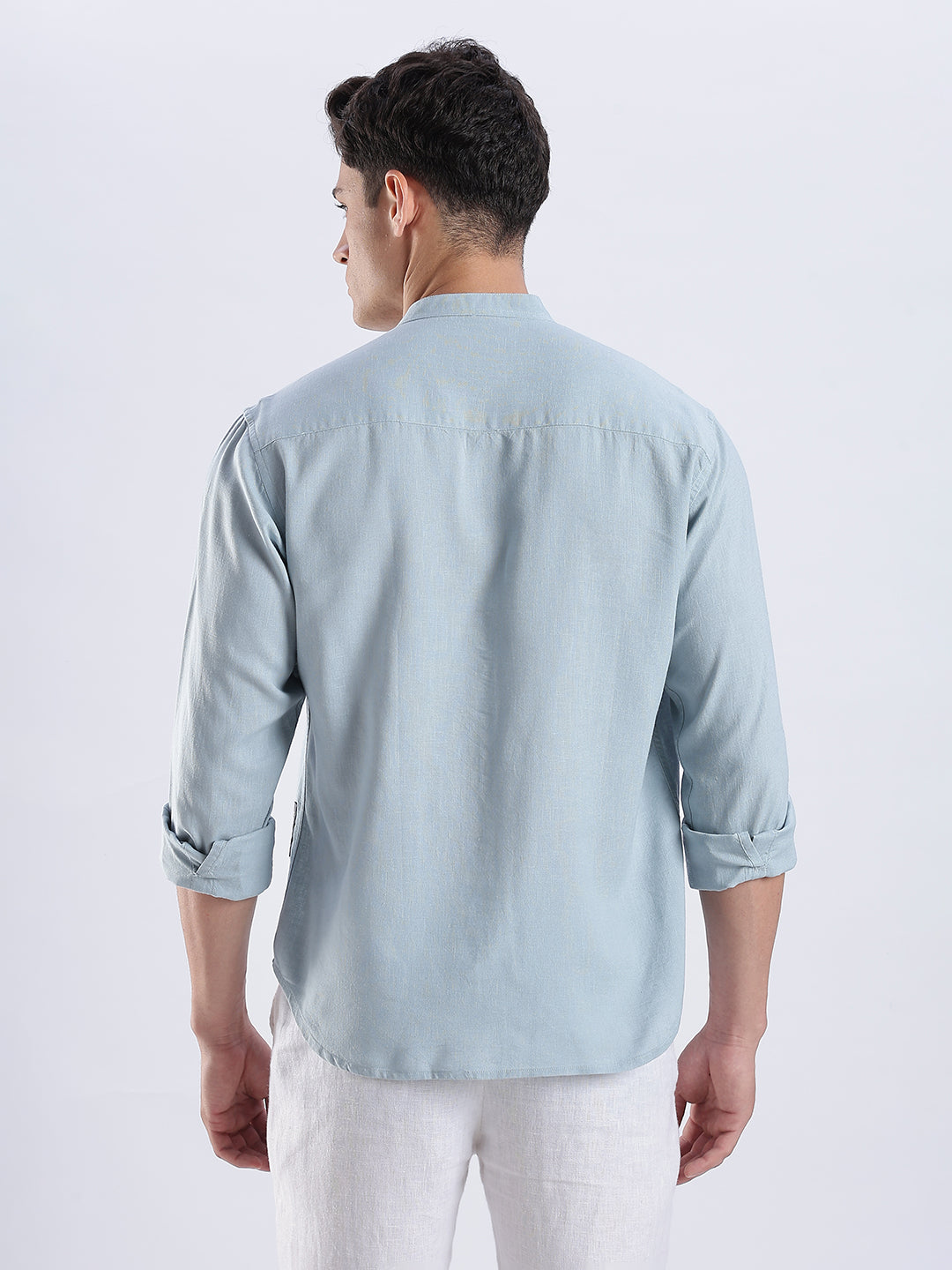 Kyoto Linen Mandarin Shirt in Shibuya Blue