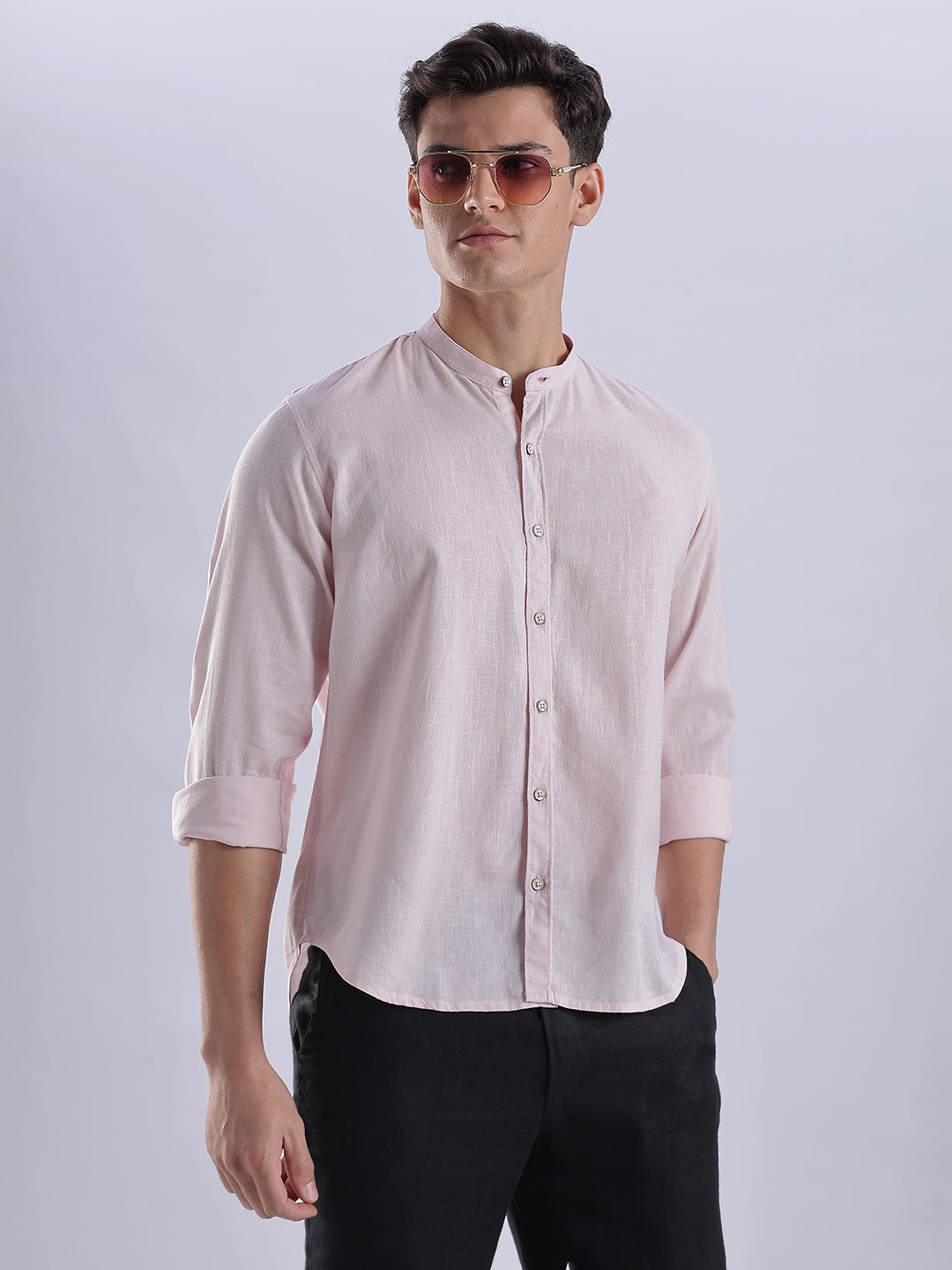 Kyoto Linen Mandarin Shirt in Shiro Pink