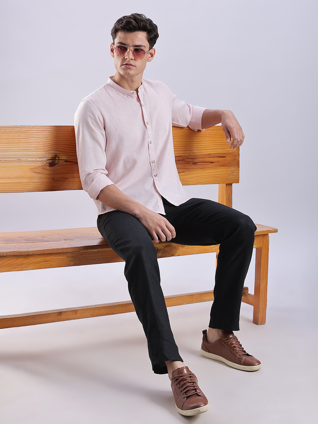 Kyoto Linen Mandarin Shirt in Shiro Pink