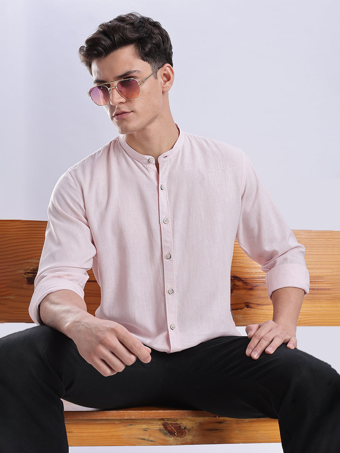 Kyoto Linen Mandarin Shirt in Shiro Pink