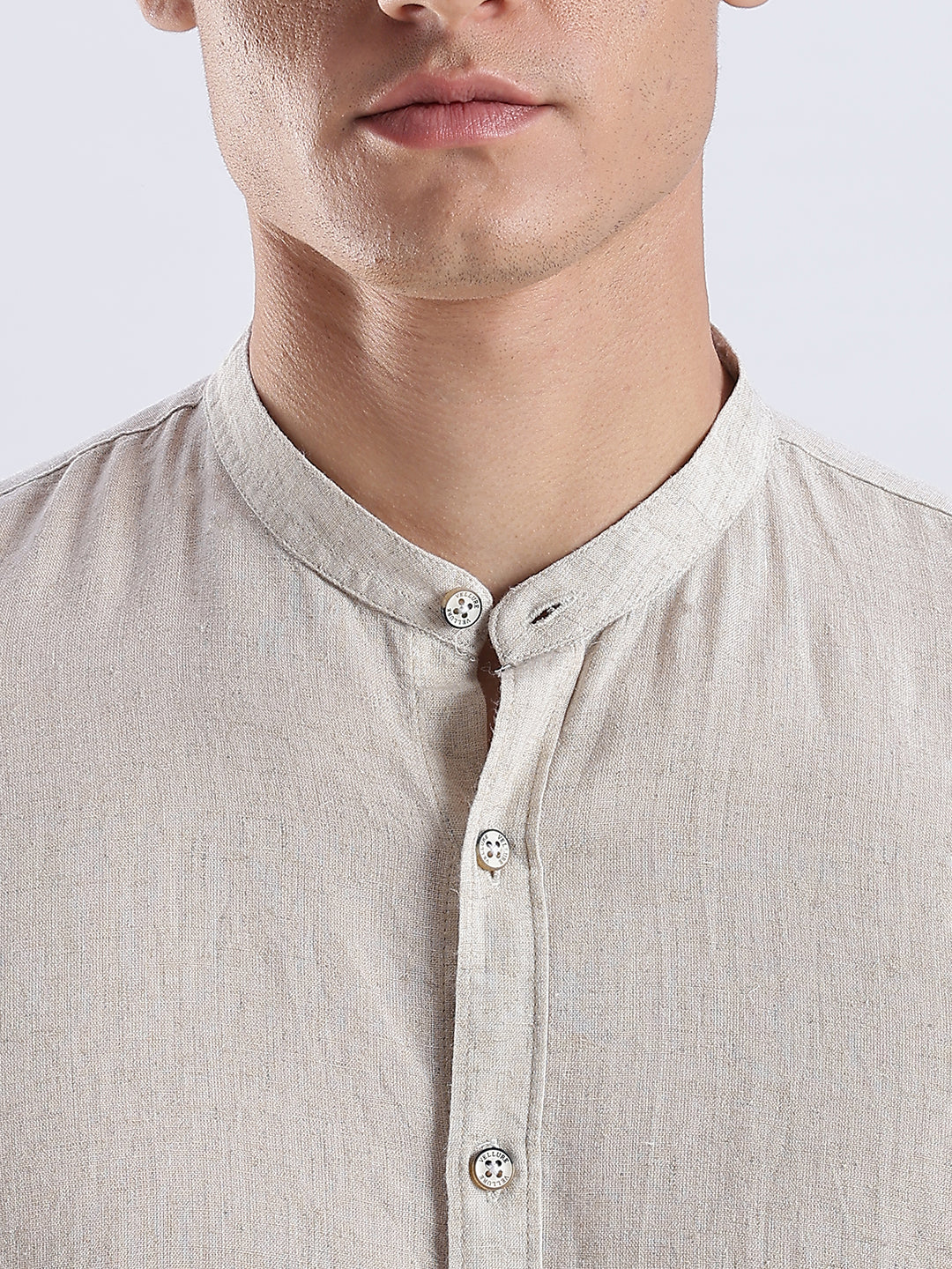 Kyoto Linen Mandarin Shirt in Barestone Beige