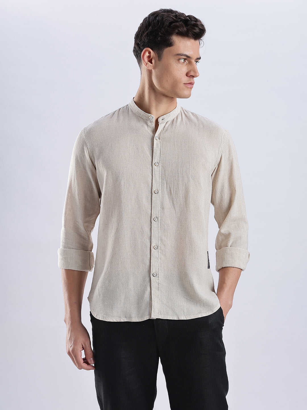Kyoto Linen Mandarin Shirt in Barestone Beige