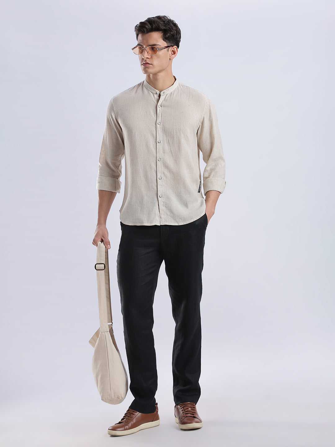 Kyoto Linen Mandarin Shirt in Barestone Beige