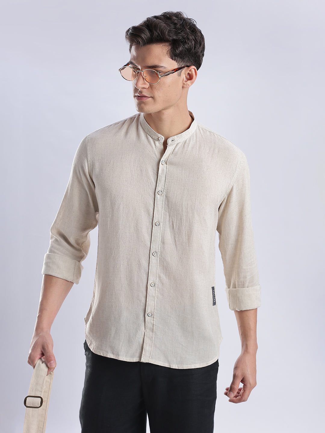 Kyoto Linen Mandarin Shirt in Barestone Beige