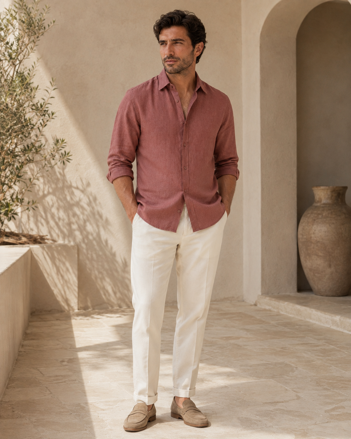 100% Dense-Weave Pure Linen Shirt in Tuscan Rose