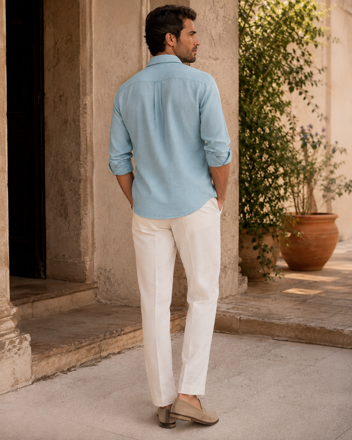 100% Dense-Weave Pure Linen Shirt in Nordic Blue