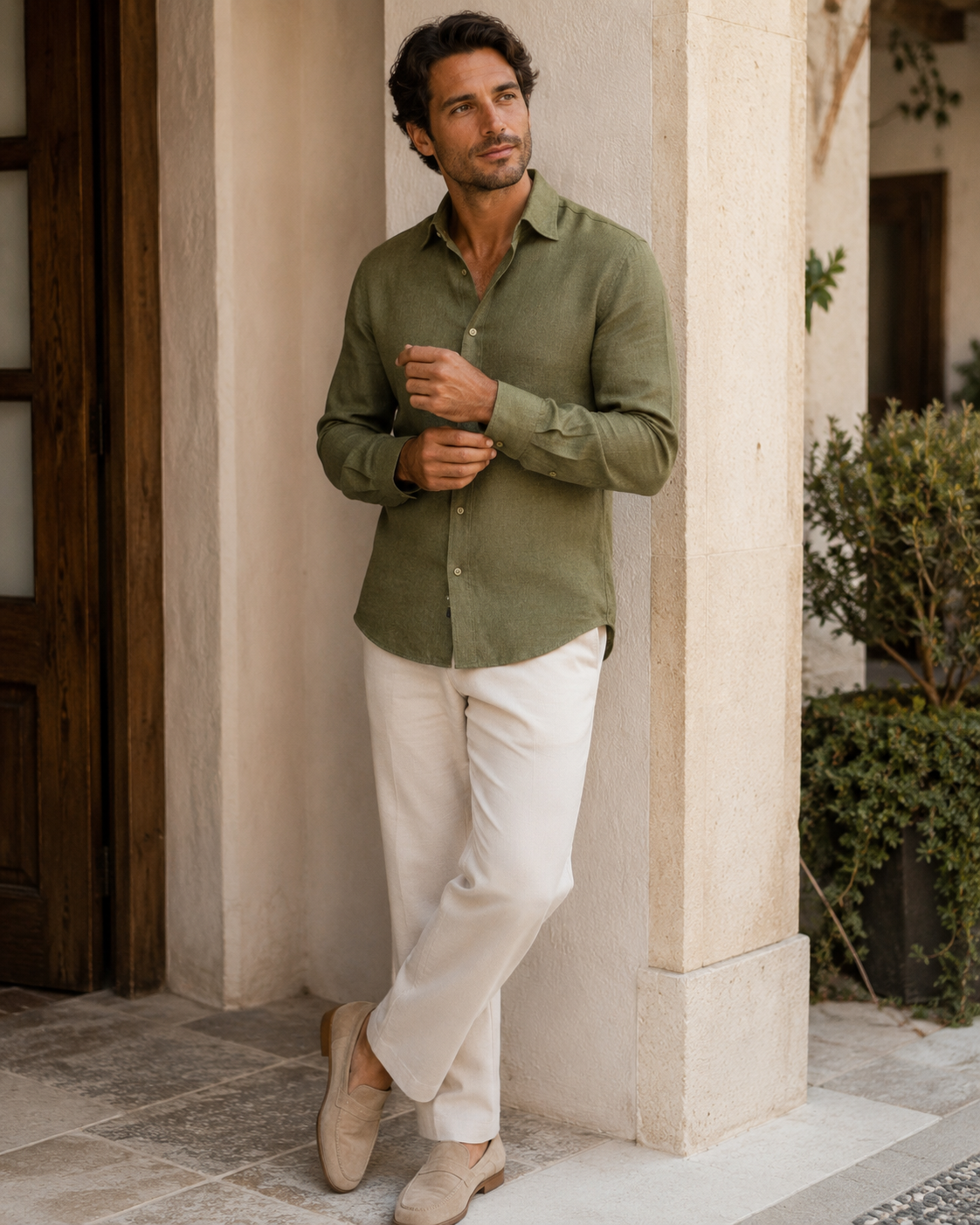 100% Dense-Weave Pure Linen Shirt in Heritage Olive