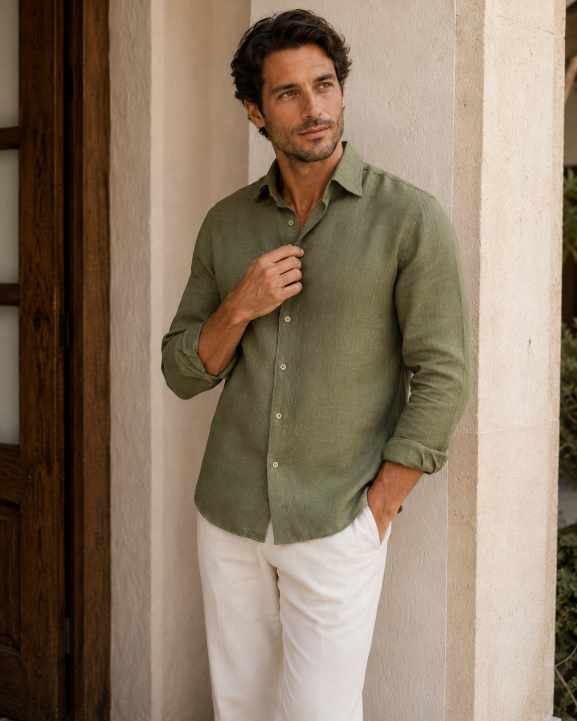 100% Dense-Weave Pure Linen Shirt in Heritage Olive