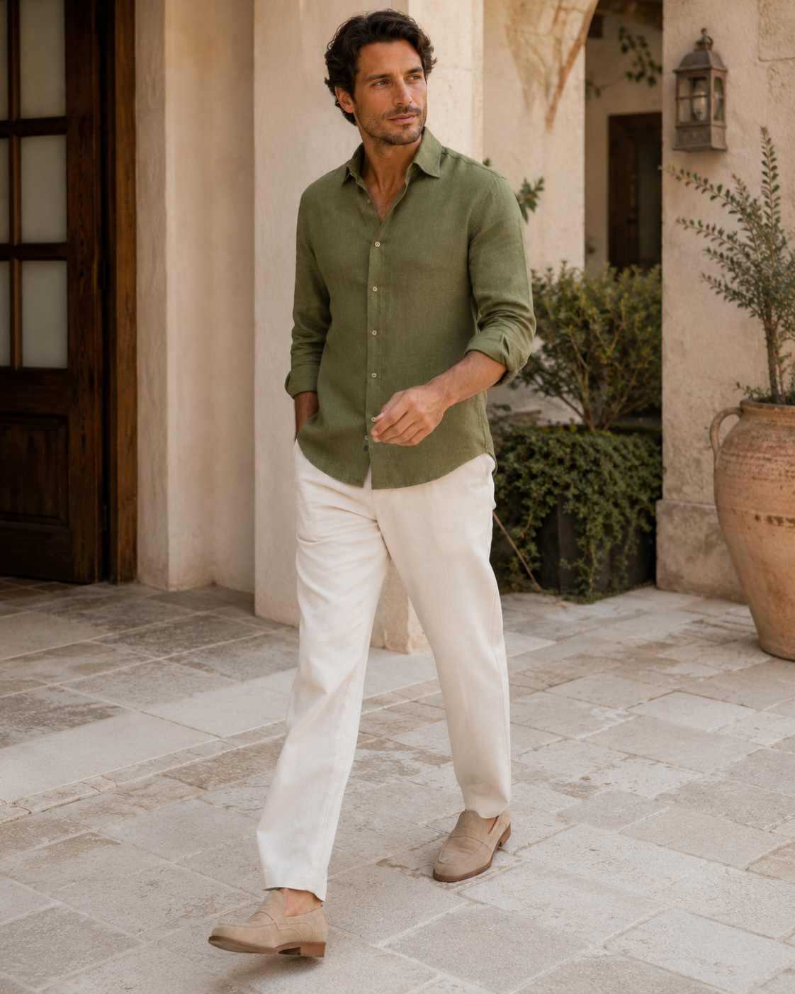 100% Dense-Weave Pure Linen Shirt in Heritage Olive