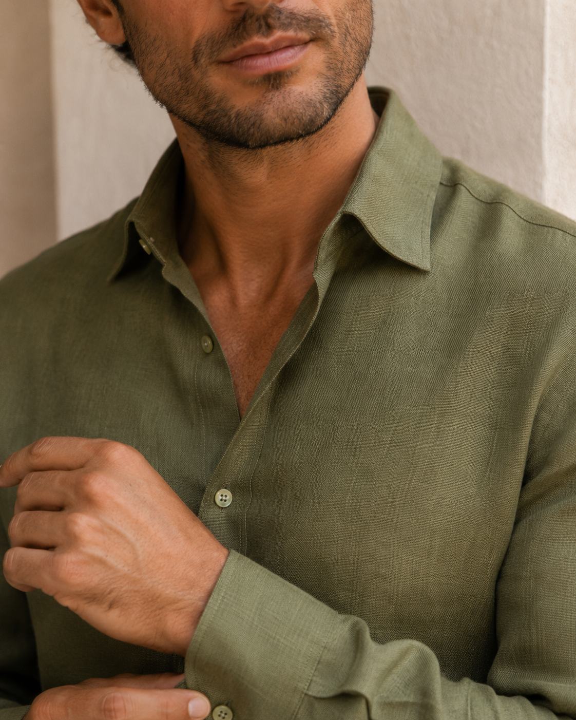 100% Dense-Weave Pure Linen Shirt in Heritage Olive