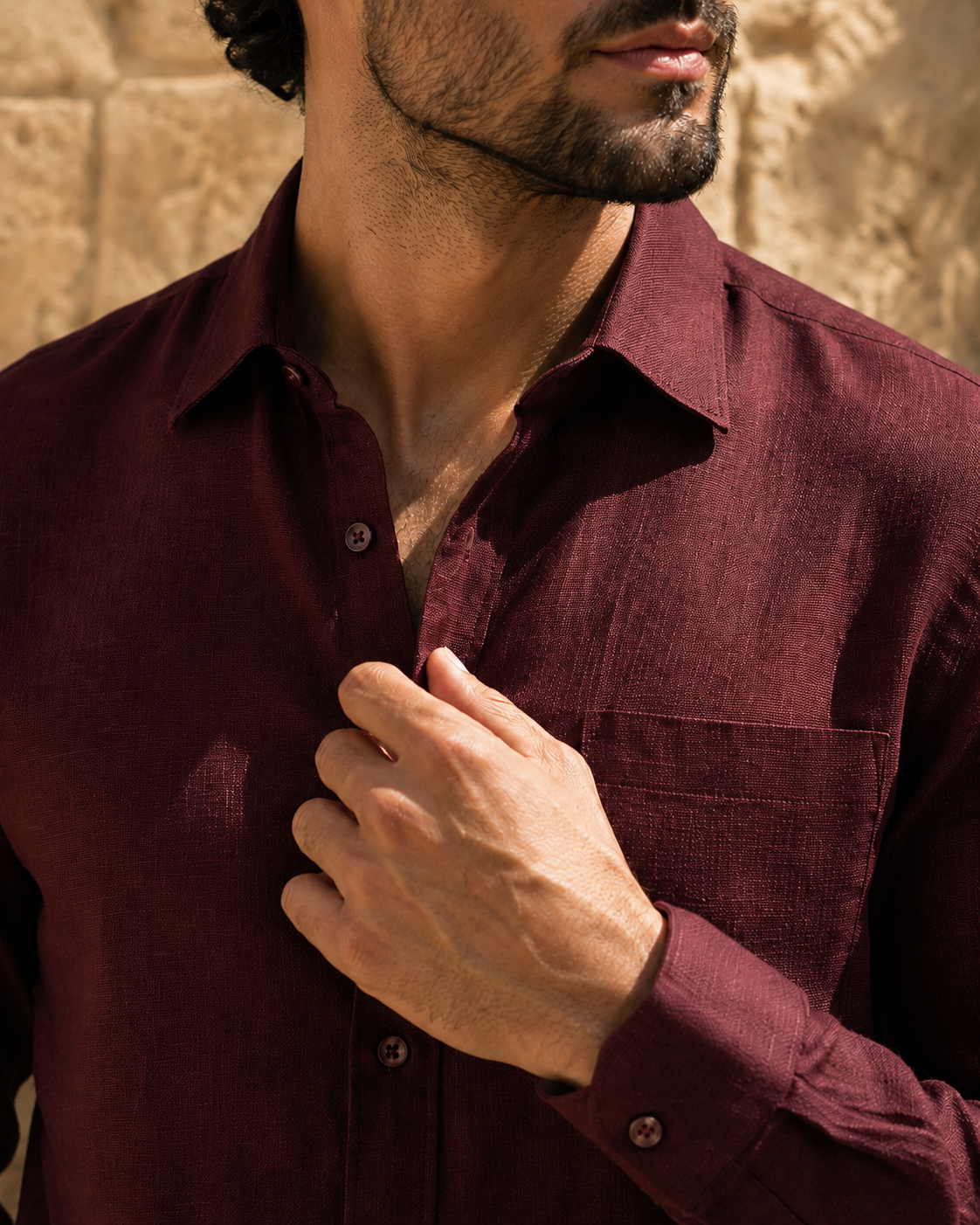 100% Dense-Weave Pure Linen Shirt in Burgundy Wine