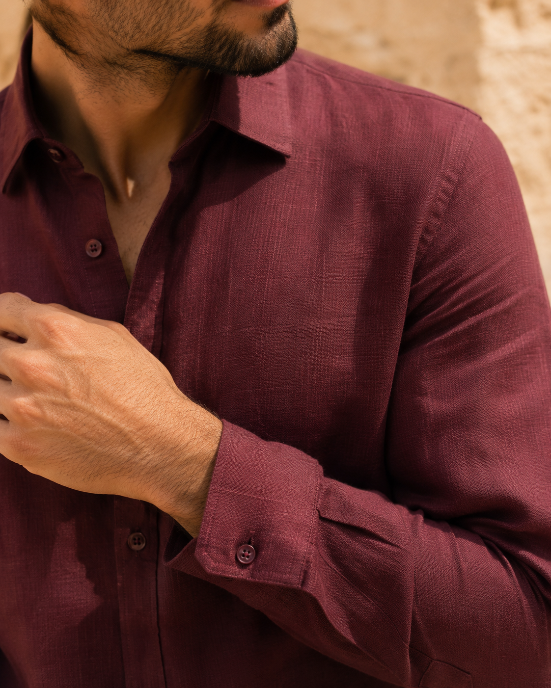 100% Dense-Weave Pure Linen Shirt in Burgundy Wine