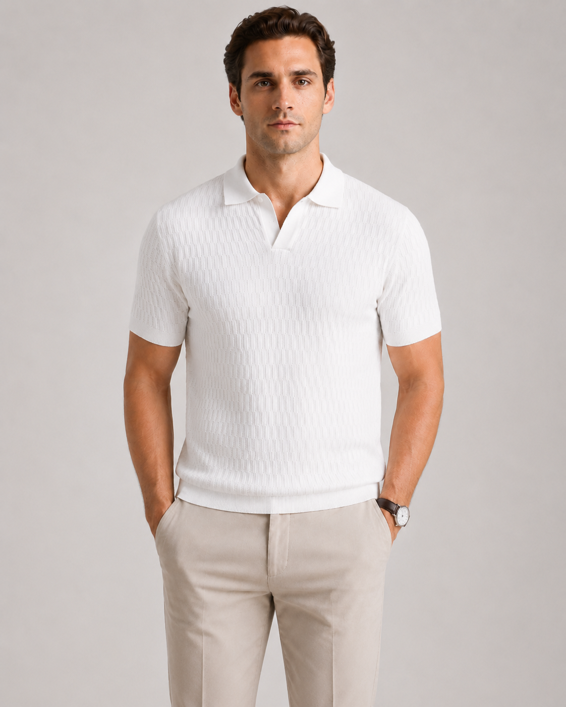 Heritage Grid Jacquard Polo in Roman White