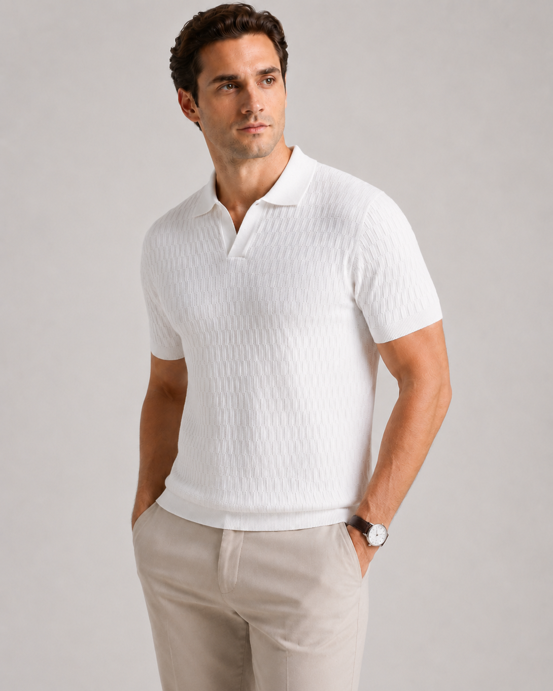 Heritage Grid Jacquard Polo in Roman White