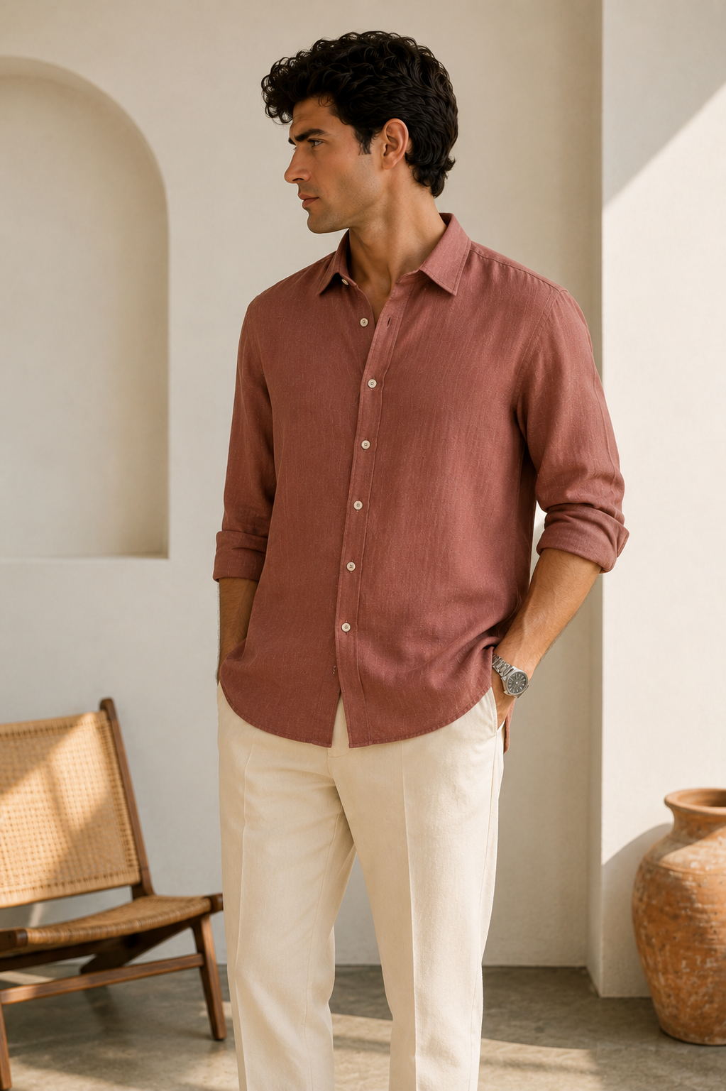 100% Linen Soft Touch Tuscan Rosewood Linen Shirt
