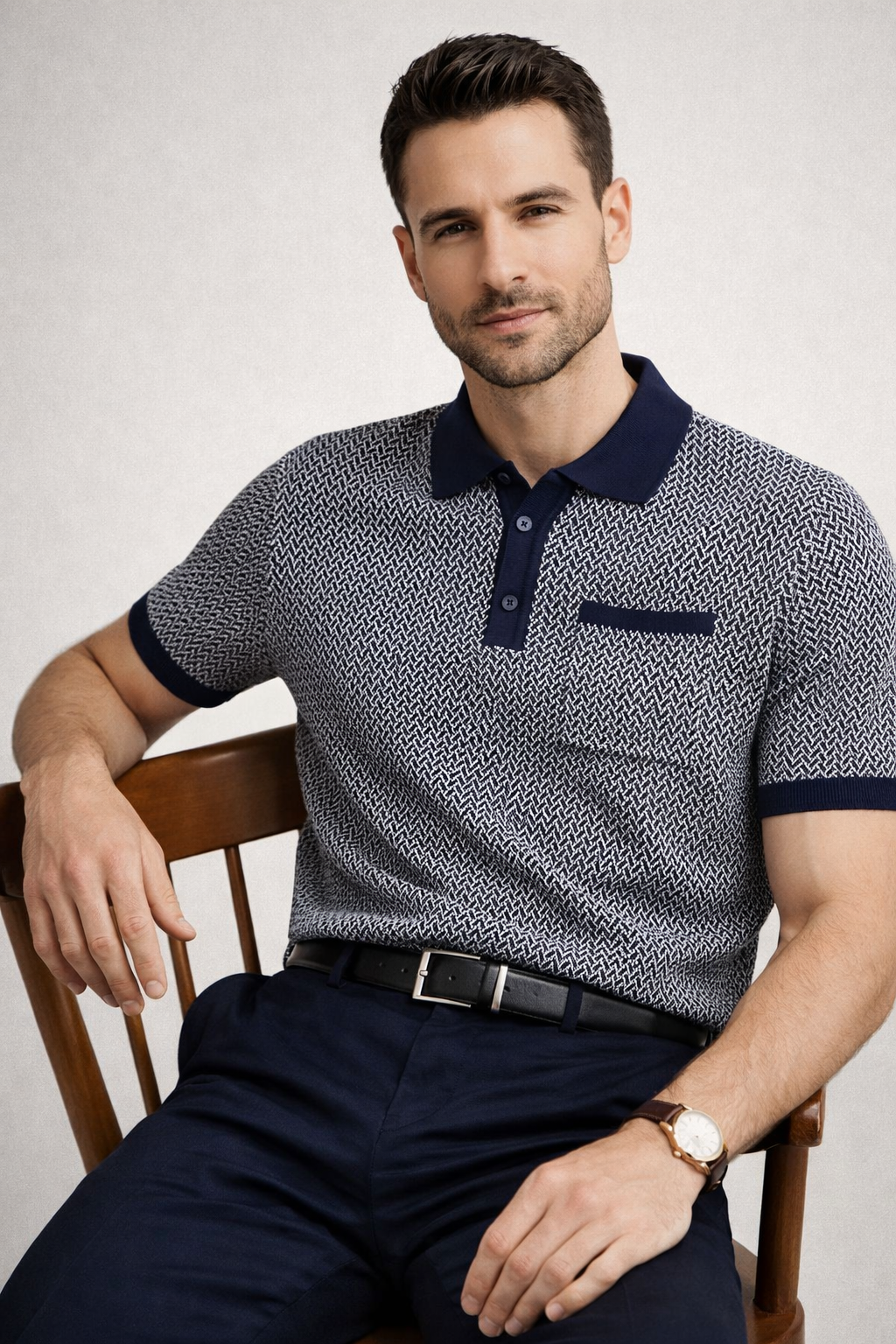 Jacquard Knit Polo in Midnight Matrix