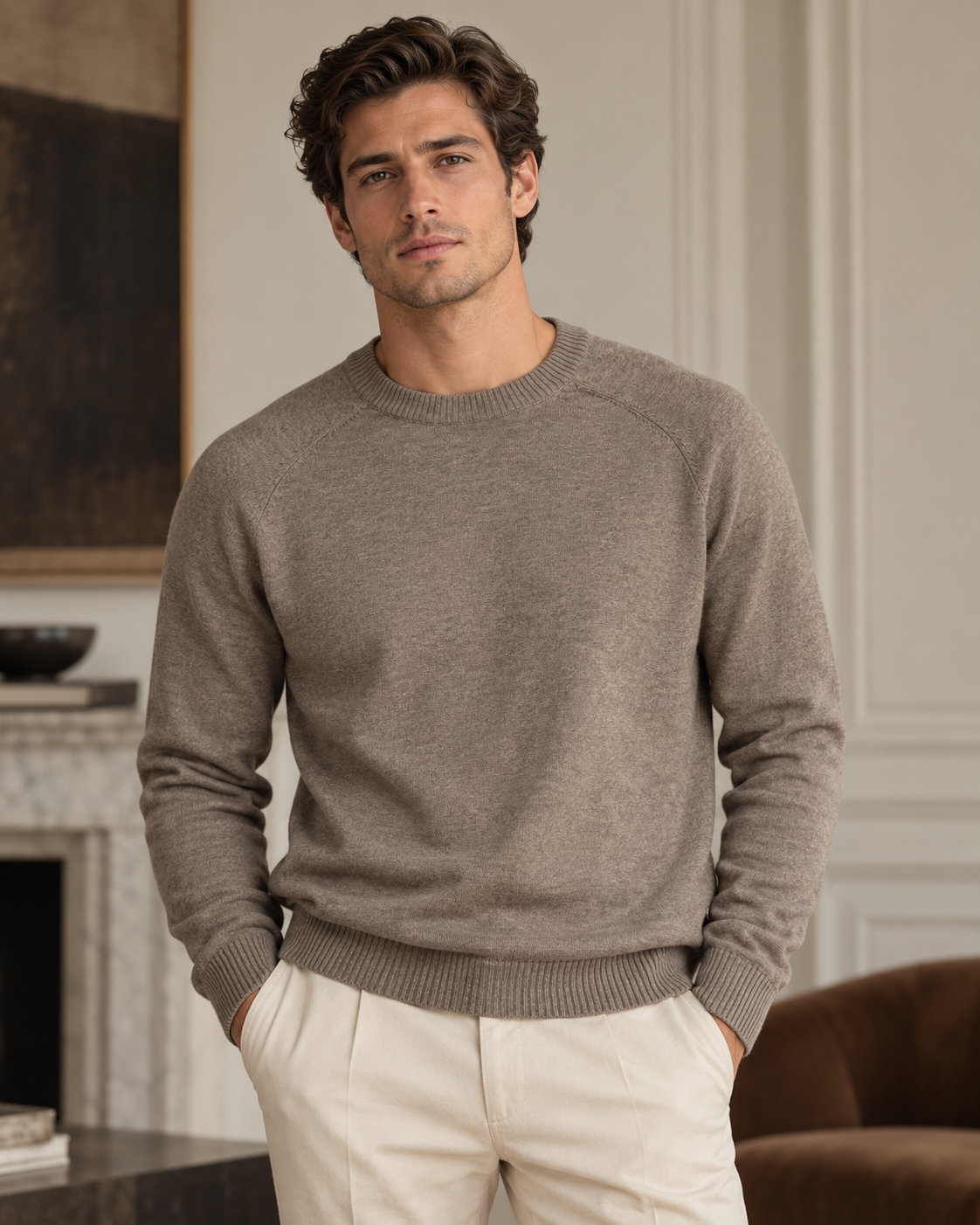 The Cortina Mélange Crewneck Knit in Taupe Brown