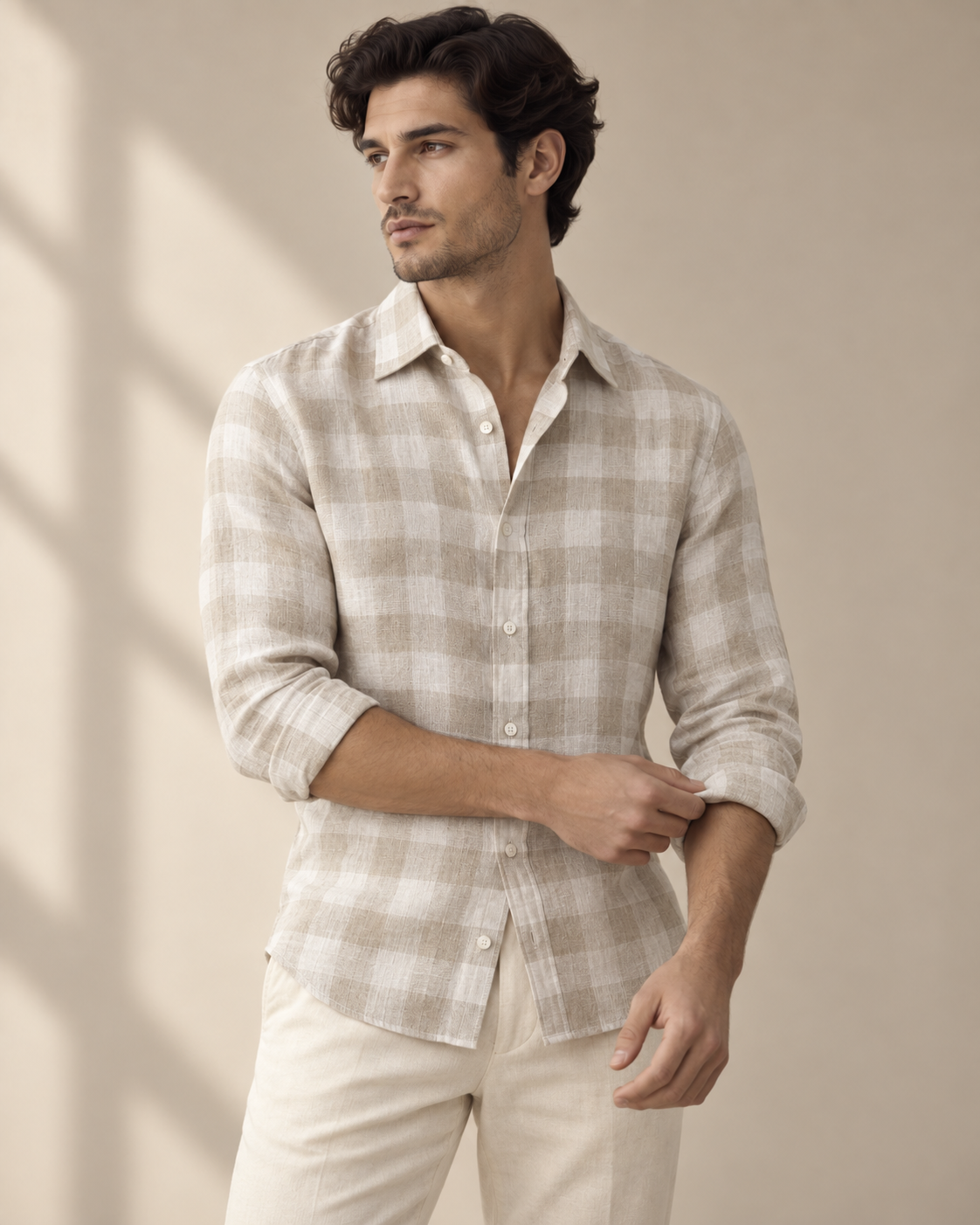 100% Linen Soft Touch Ivory Flax Checks Shirt