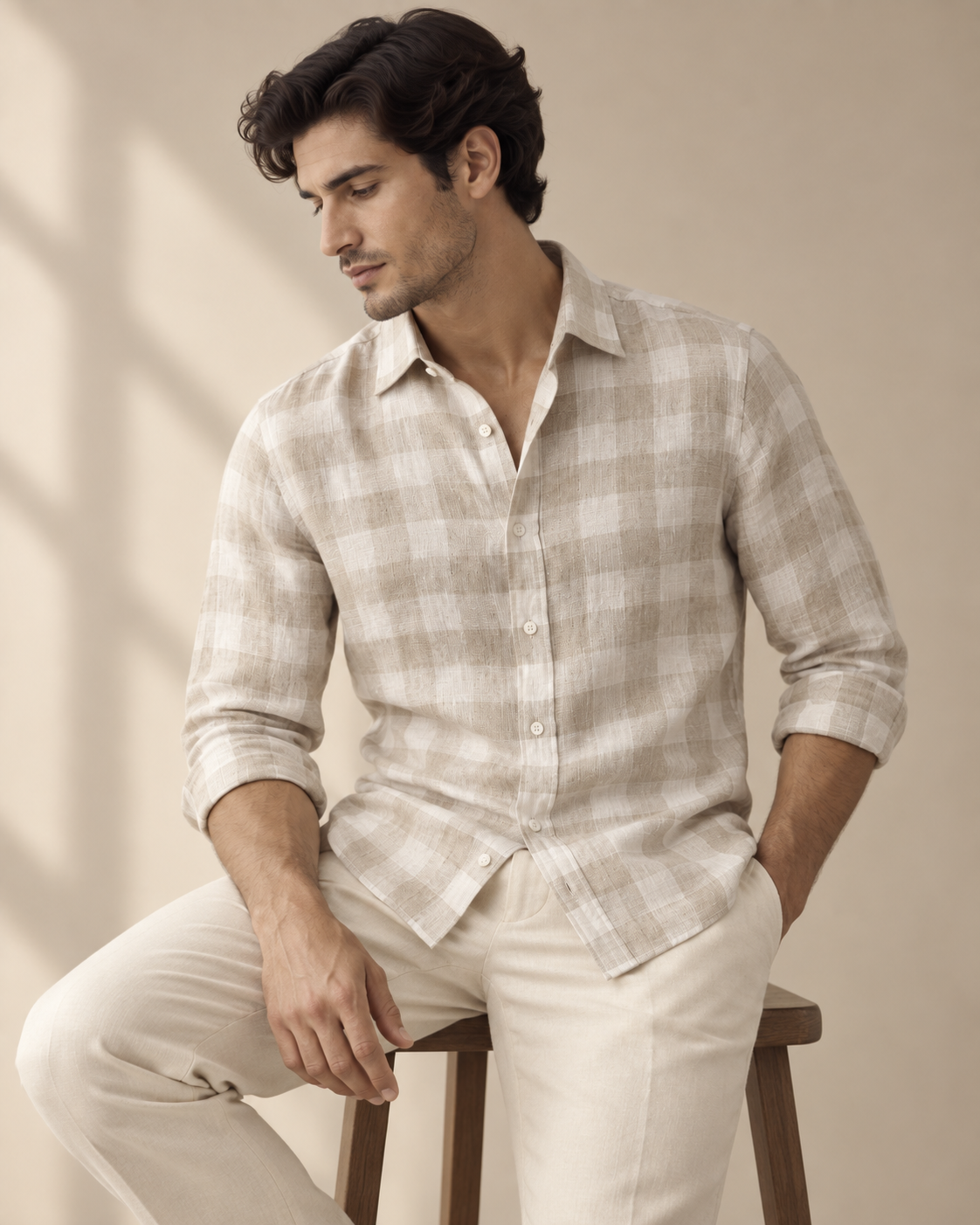100% Linen Soft Touch Ivory Flax Checks Shirt