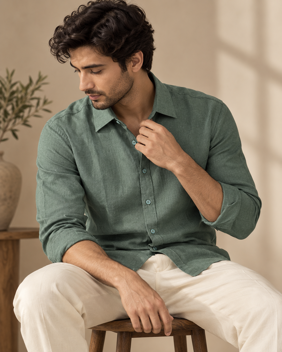 100% Linen Soft Touch Laurel Green Shirt