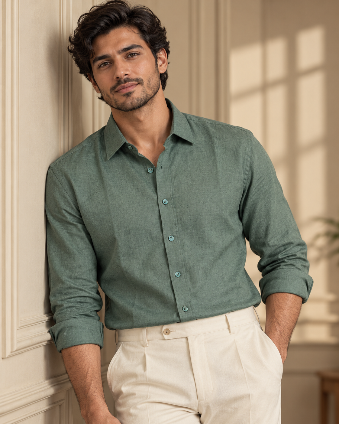 100% Linen Soft Touch Laurel Green Shirt