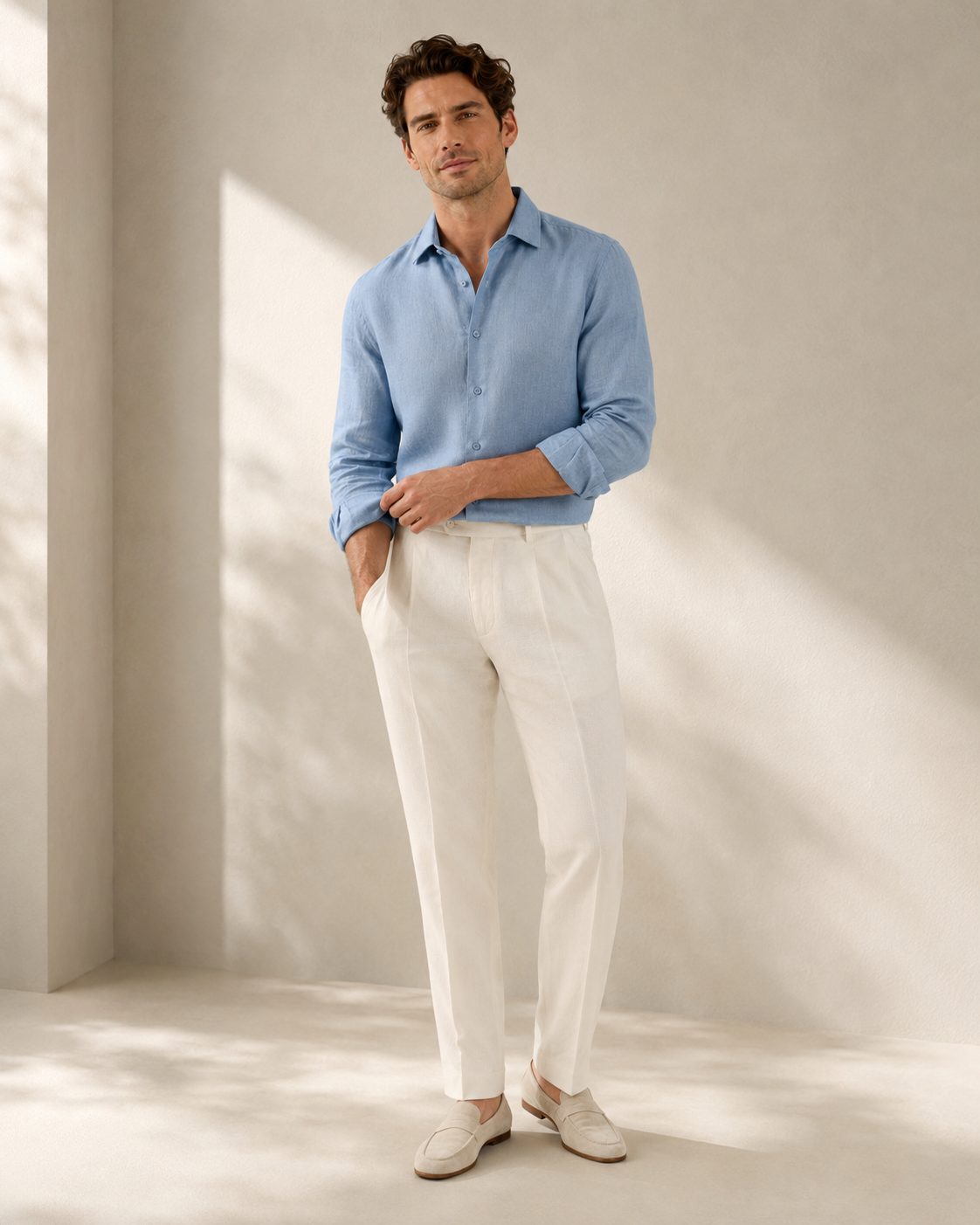100% Dense-Weave Pure Linen Shirt in Slate Blue