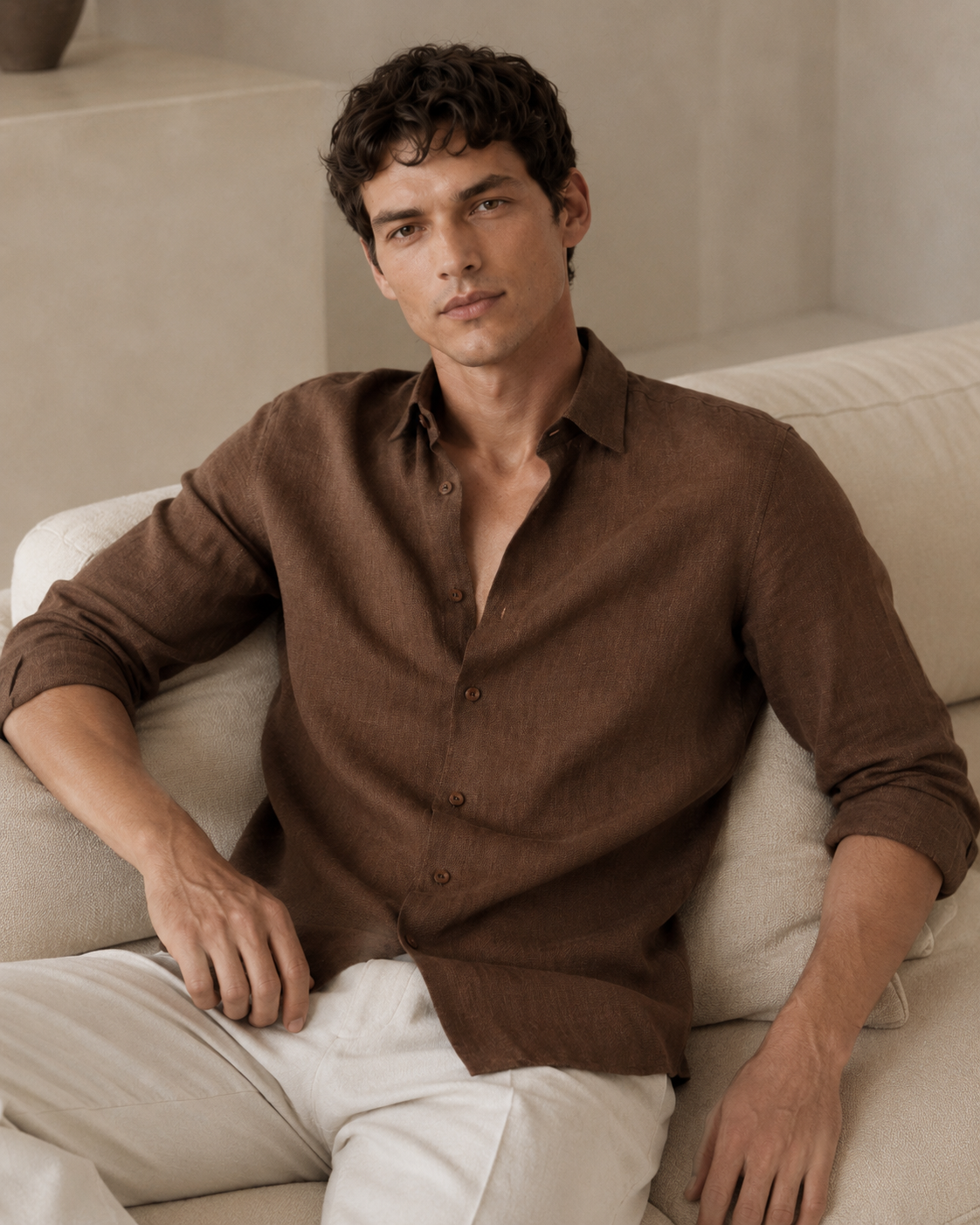 100% Dense-Weave Pure Linen Shirt in Cocoa Brown