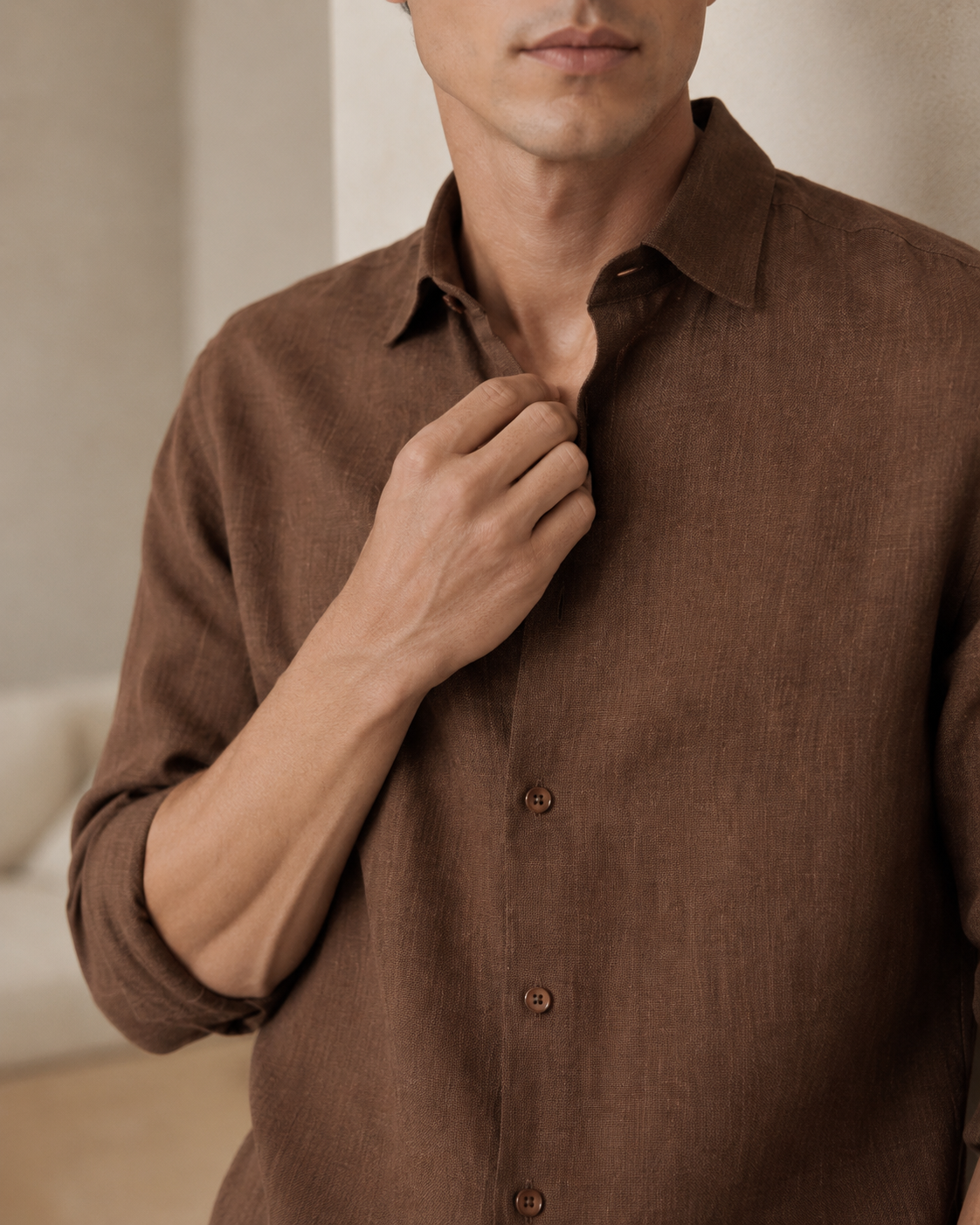 100% Dense-Weave Pure Linen Shirt in Cocoa Brown