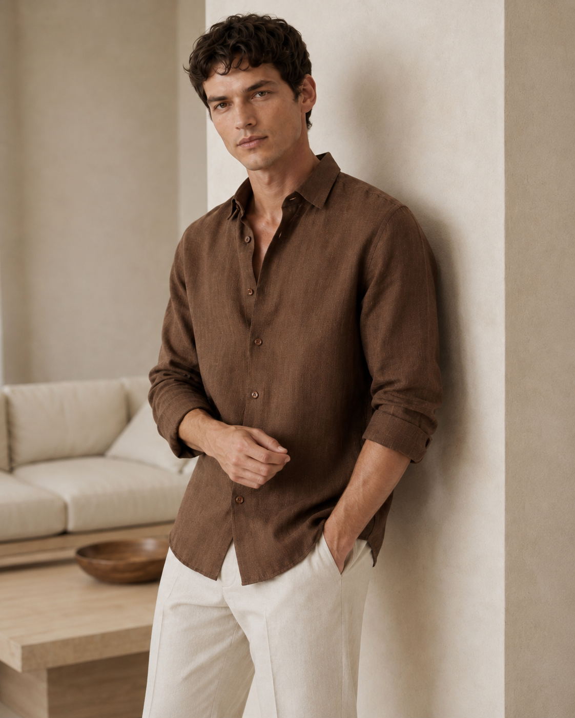 100% Dense-Weave Pure Linen Shirt in Cocoa Brown