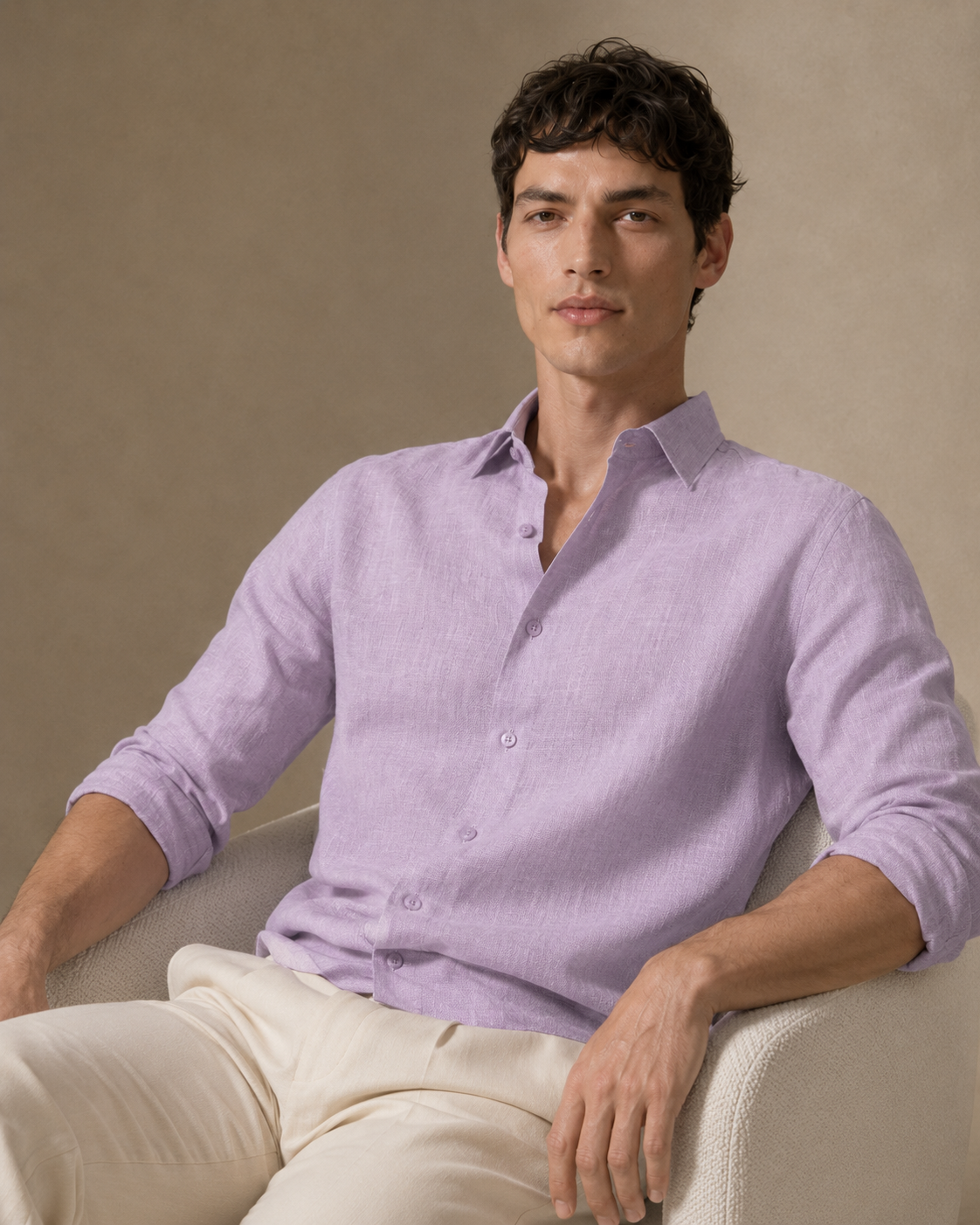 100% Dense-Weave Pure Linen Shirt in Dusty Lavender