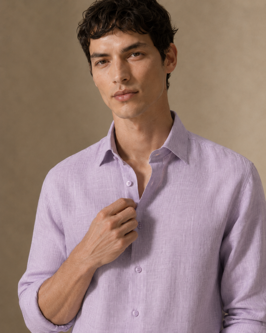 100% Dense-Weave Pure Linen Shirt in Dusty Lavender