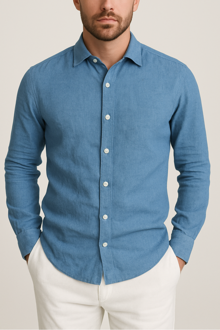 100% Linen Soft Touch Azure Blue Shirt