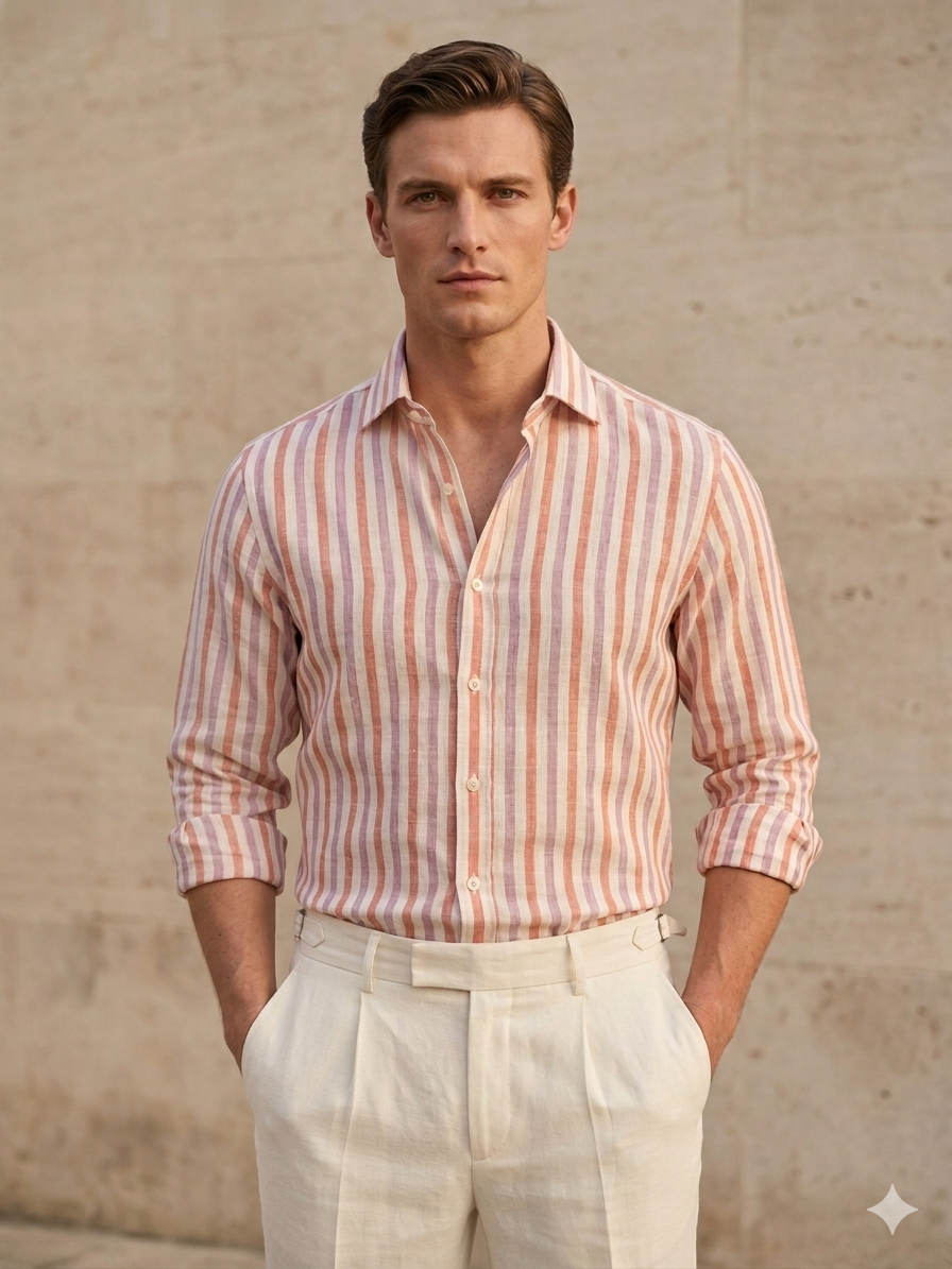 Vellure Apricot Tri-Stripe 100% Linen Shirt