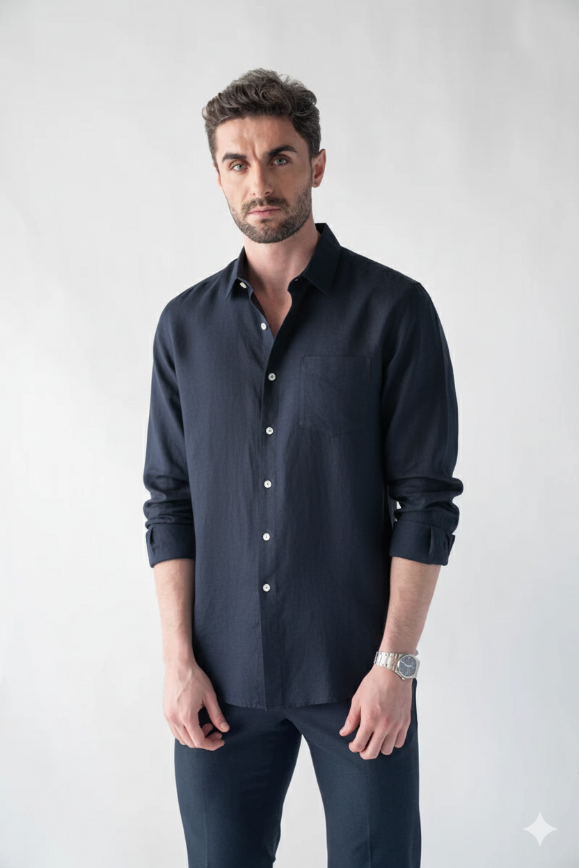 100% Linen Soft Touch Navy Blue Shirt