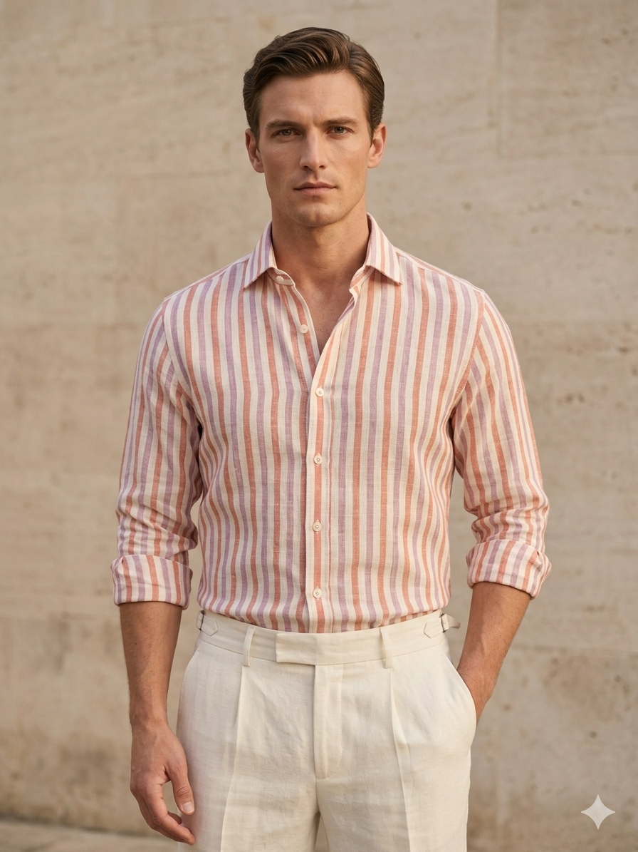 Vellure Apricot Tri-Stripe 100% Linen Shirt