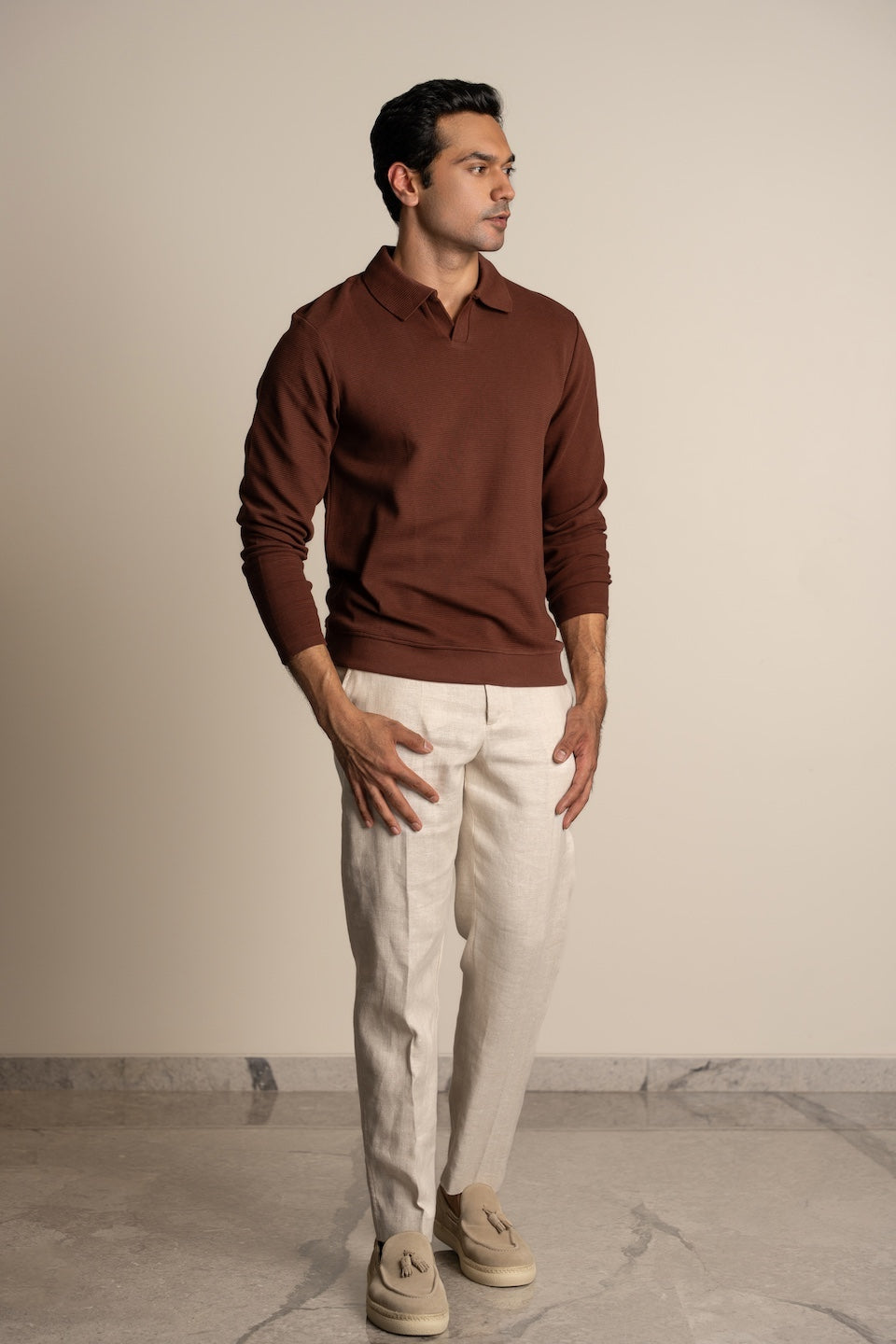 Ottoman Rib Knit Polo in Deep Brown
