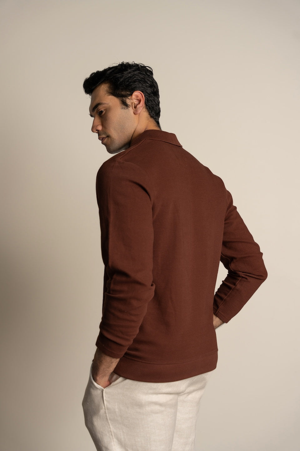 Ottoman Rib Knit Polo in Deep Brown